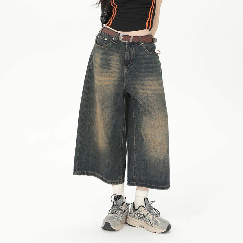 Укороченные джинсы в стиле ретро для женщин, свободные облегающие летние прямые джинсовые шорты с эффектом потертости для мужчин и женщин