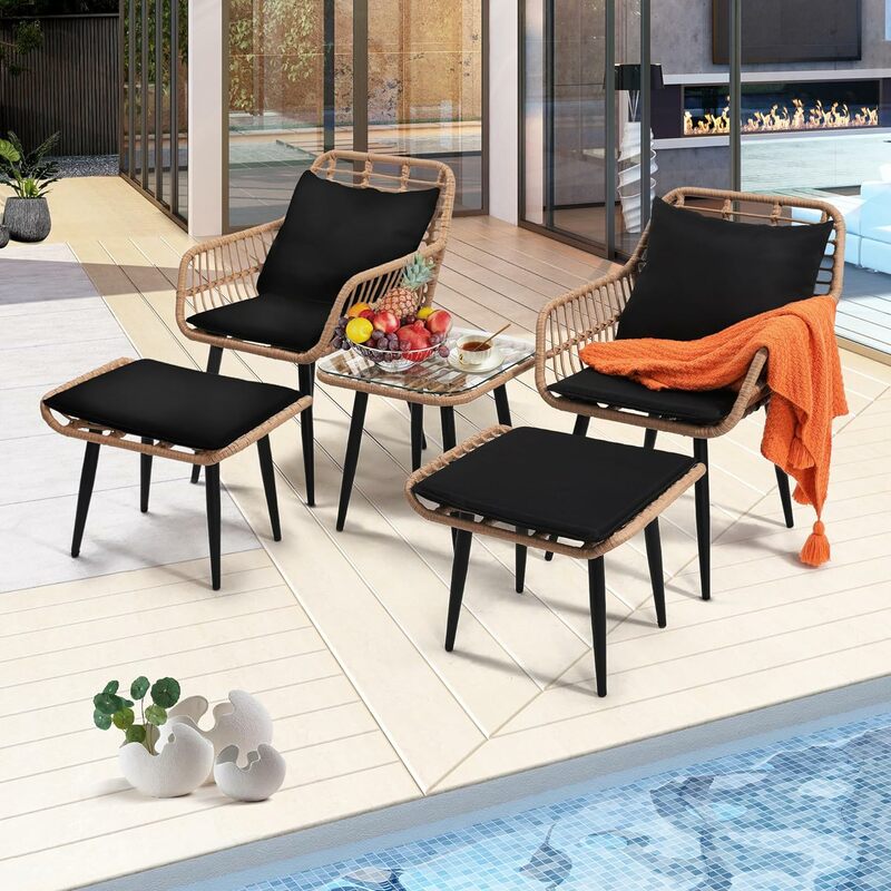 Outdoor Wicker Chairs and Table Bistro Conversation Furniture Set, 5 Pieces with Ottoman for Porch , Natural Color