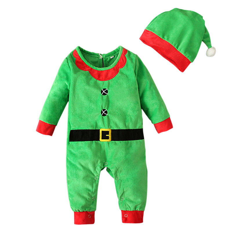 Unisex Long Sleeve Toddler Xmas Elf Outfit Infant Baby Boys Girls Christmas Fleeced Romper Newborn Santa Claus Costume
