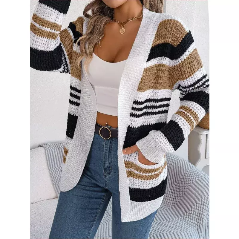 Sweater kardigan lengan panjang wanita, mantel longgar elegan bersaku garis kontras kasual mode musim gugur dan musim dingin 2023