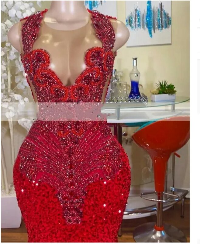 Gaun merah putri duyung 2024 gaya berlian tembus pandang berkilau berlian imitasi kristal berpayet untuk pesta Prom gaun malam Formal سsemi semi