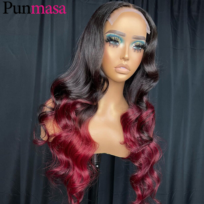 Peruca de cabelo humano colorido para mulheres, sem cola, pré-arrancada, transparente, fechamento 5x5, 1B escuro Borgonha, 13X4 13X6