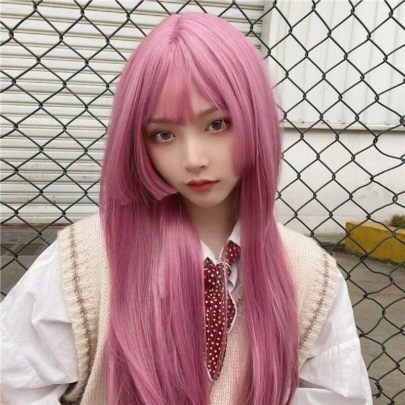 Damen JK Hime Cut Pony rosa langes glattes Haar Hoch temperatur faser synthetische Perücken Pelucas Haar tägliche Party verwenden