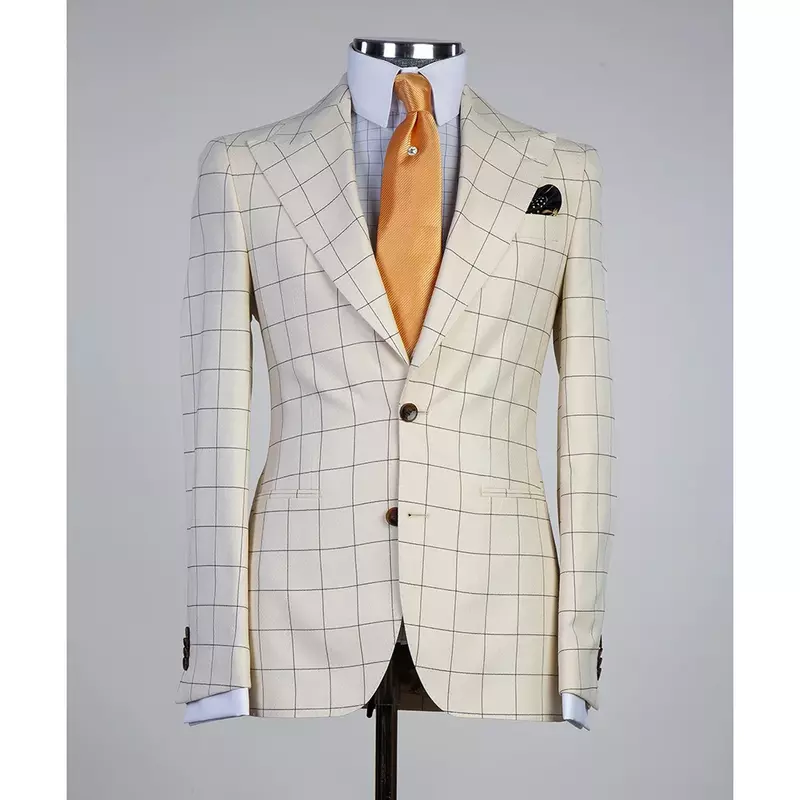Мужской офисный костюм из трех предметов, блейзер + жилет + брюки в клетку цвета слоновой кости, однобортный наряд с пиковым отворотом, облегающий костюм в стиле смарт-кэжуал