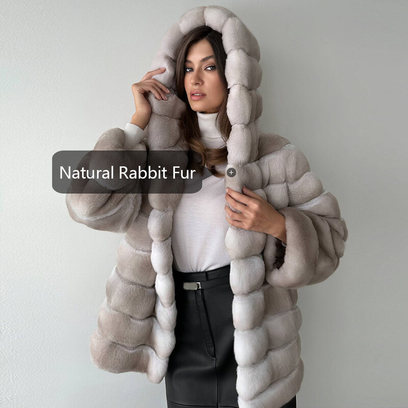Abrigo de piel con capucha para mujer, chaquetas con capucha, abrigo de piel de conejo Rex, abrigo de piel de Chinchilla, chaquetas de invierno