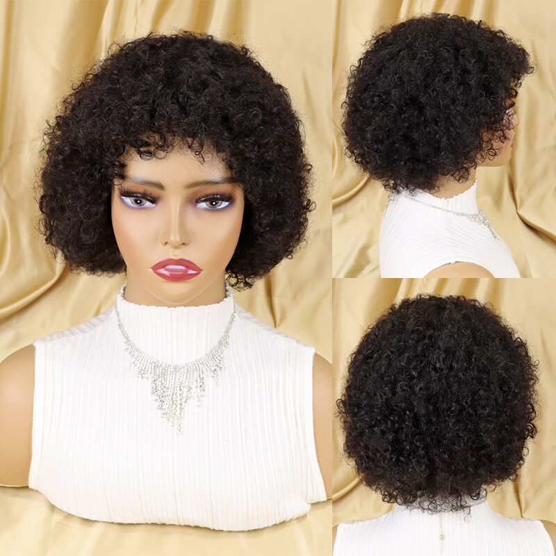 Rambut Palsu Bob Keriting Afro Wig Buatan Mesin Penuh Pendek dengan Poni Wig Rambut Manusia Remy Brasil Tanpa Lem untuk Wanita Kulit Hitam