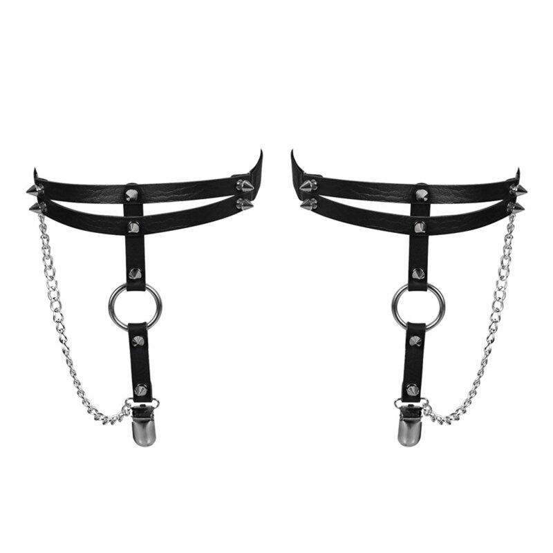 PU Leather Thigh Clips Anti-slip Belt Elastic with Dangle Chain Circle Decor Harness Nightclub Leg Accessories for Women