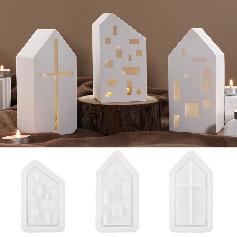 教会の家のキャンドルホルダーの装飾品、シリコーン型、DIYセメント、石膏クレイジャーズ、エポキシ樹脂、家の装飾