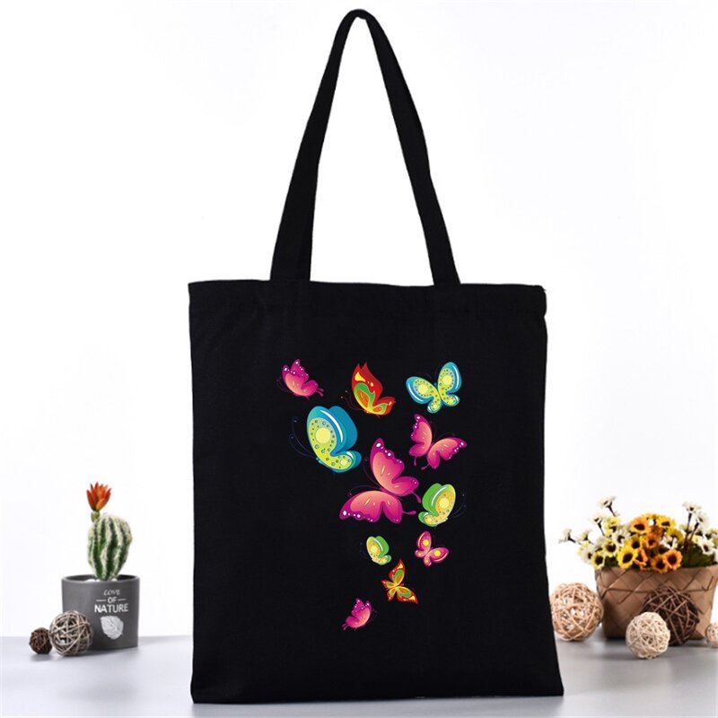 Bolsa de ombro de lona feminina moda borboleta série tote shoppers sacos eco organizador grandes bolsas dobrável mercearia compras pacote