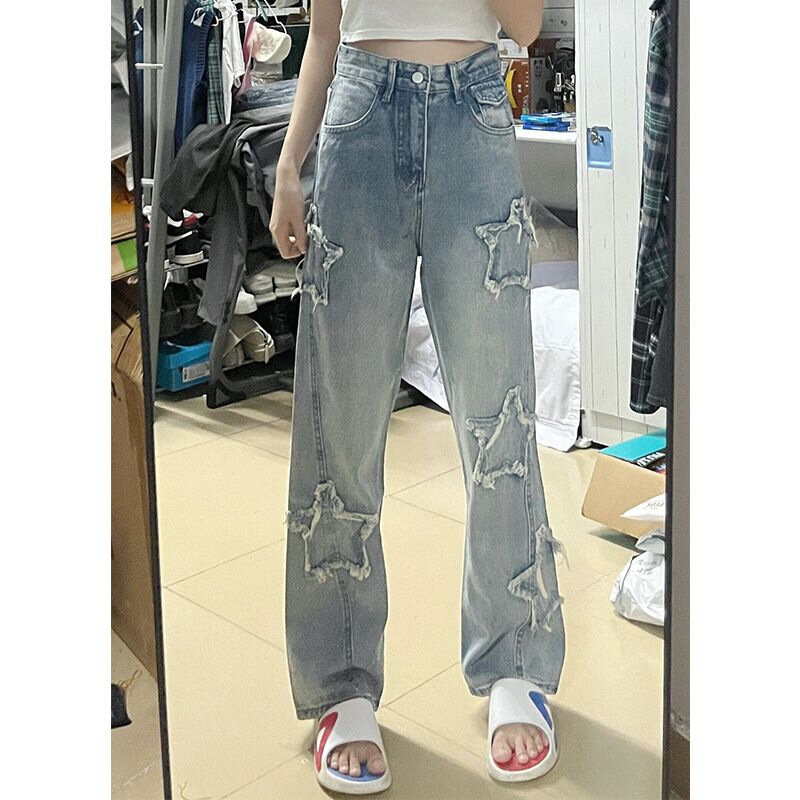 Denim Planet High Street Star Ragged Edge Patch Jeans Women's Spring New Loose And Slim Straight Wide Leg Floor Dragging Pants