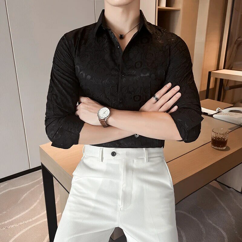 Langarm-Blumen hemden für Männer Frühling koreanische Luxus kleidung 4xl Slim Fit lässig Abschluss ball Smoking Kleid Herren Social Shirt