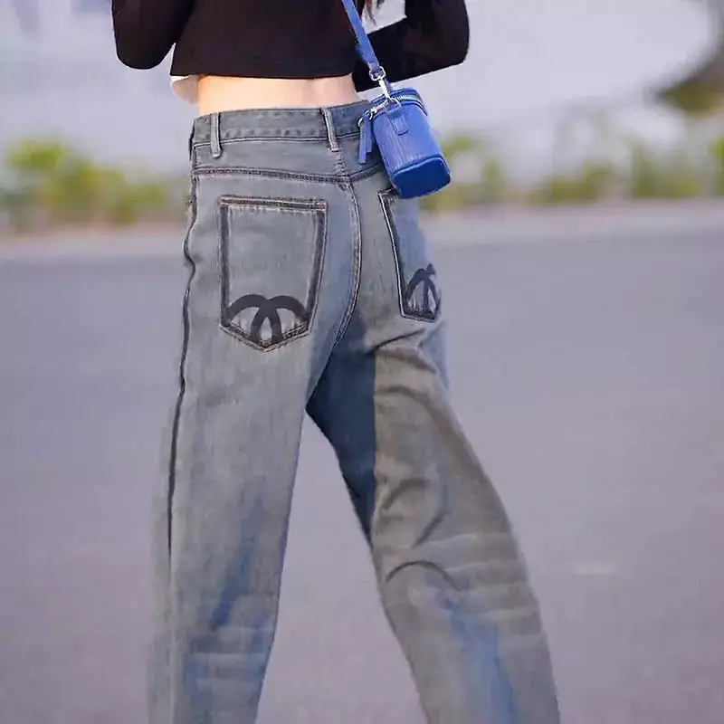 Damen jeans blau mit Taschen gerades Bein hohe Taille Schuss hose für Frau Streetwear Größe x große gestreckte Großhandels hose