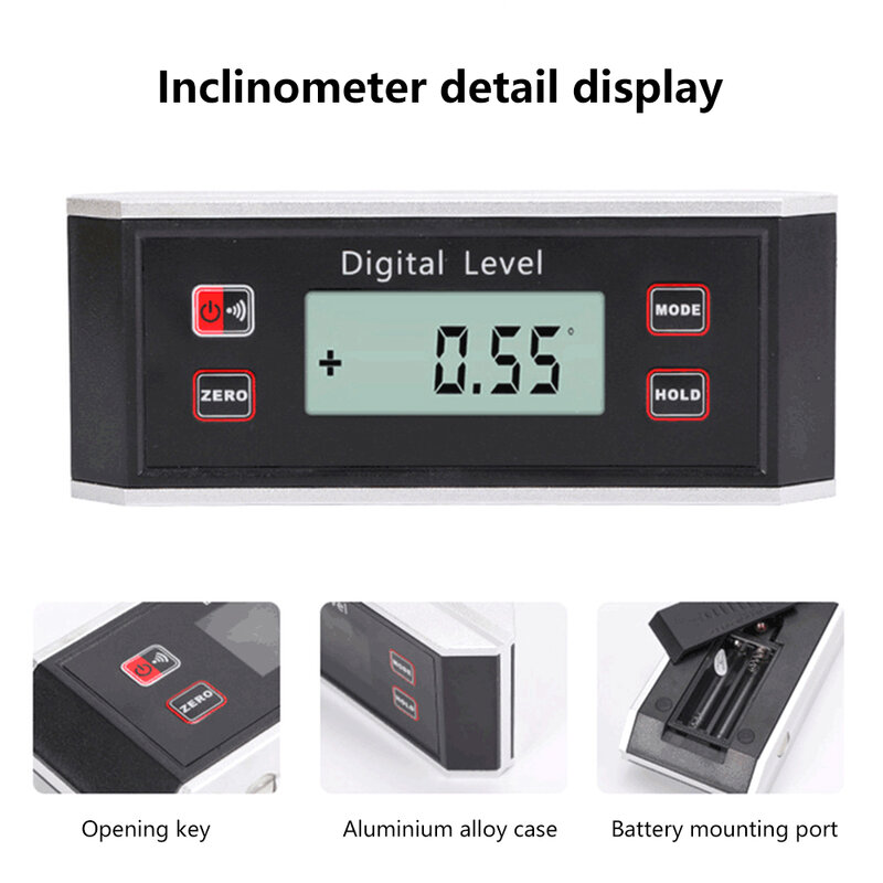 Inclinômetro portátil de 0-360 graus, IP54, impermeável, display digital LCD, transferidor, nível de espírito magnético