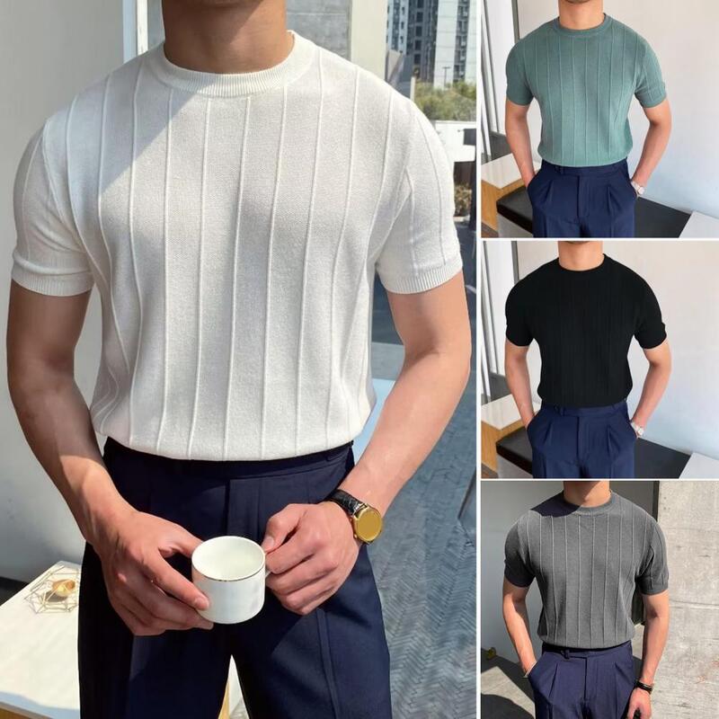 Męski jednolity kolor t-shirt męski Slim Fit jednolity kolor letnia koszulka do ćwiczeń sportowych z okrągłym dekoltem krótkie rękawy elastyczny sweter Top