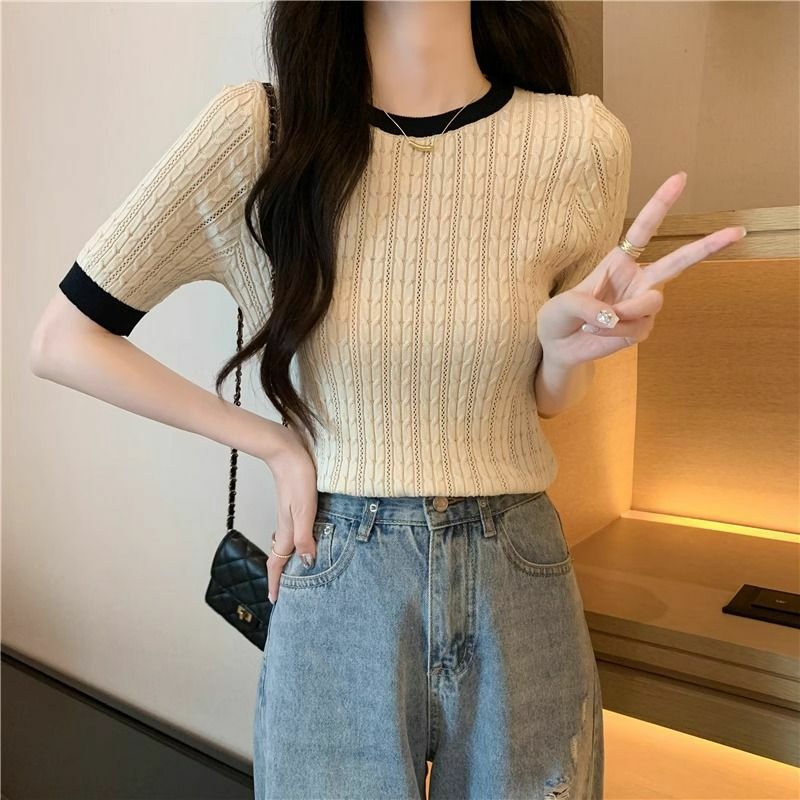 2024 New Summer Office Lady Loose Casual Elegant Fashion T-shirts for Women Solid Splicing Knitting O Neck Short Sleeve Y2K Tops