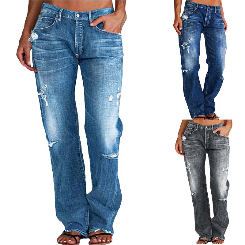 Женские рваные винтажные прямые широкие брюки, летние синие джинсы-Капри