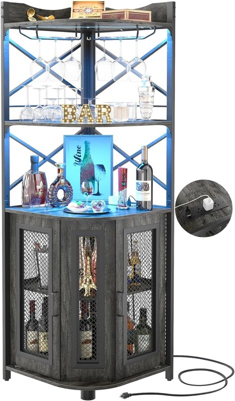 Cabinet Bar Canto com Power Outlet, Industrial Wine Cabinet com LED Strip e Suporte de Vidro, Liquor Unit, 5 Tiers