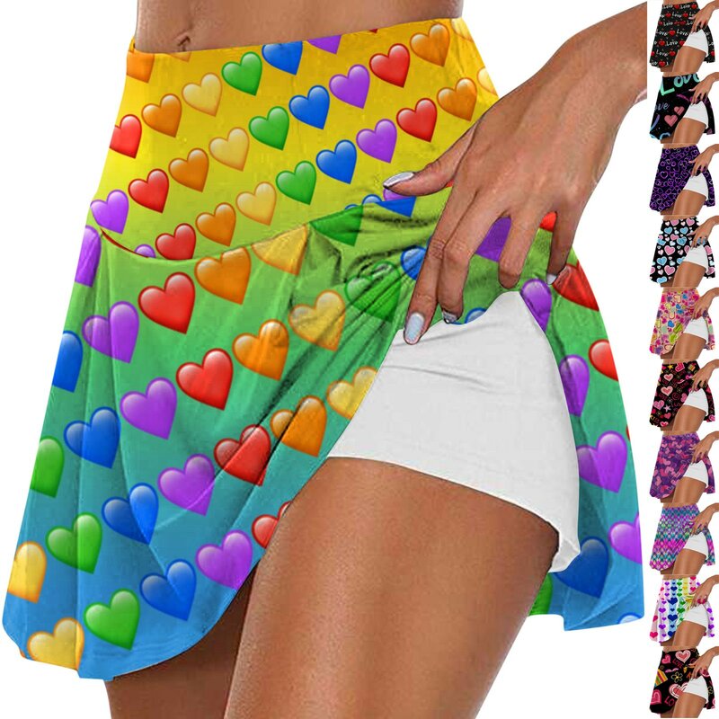 Falda corta plisada con estampado de San Valentín para Mujer, Ropa deportiva informal para correr, Yoga, tenis, moda