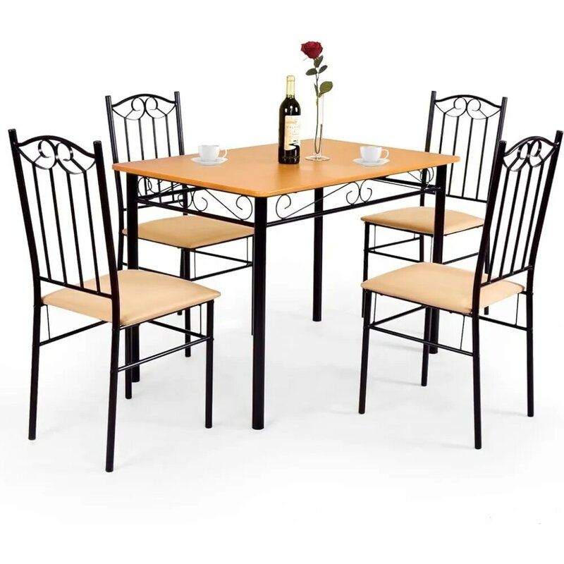 5 Piece Dining Table Set, Vintage Wood Top Padded Seat Dining Table and Chairs Set, Home Kitchen Dining Room Furniture
