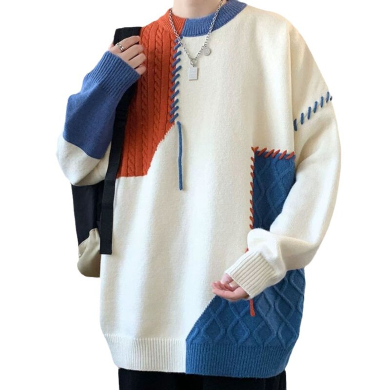 Sweter pria berpanel kontras kerah O, Jumper pria kasual mode Pullover rajut lengan panjang longgar Vintage musim gugur musim dingin 2024