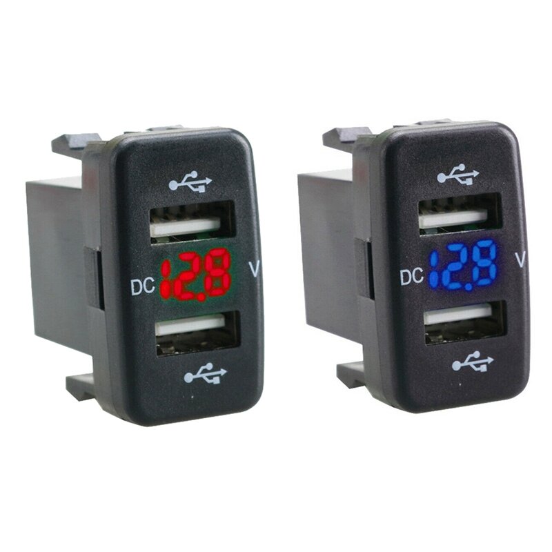 2 Pcs Car Charger Socket Dual Usb Port Charging Volt Display Adapter Fit For Toyota, Blue & Red