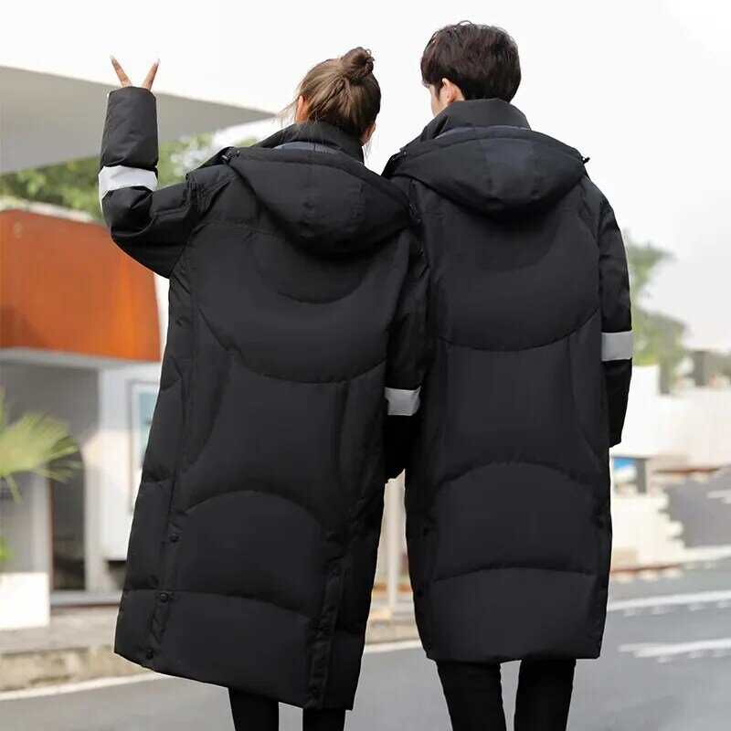 Kurtka puchowa damska męska długa do kolan para zimowa z kapturem, gruba młodzieżowa koreańska modna Puffer płaszcz damski