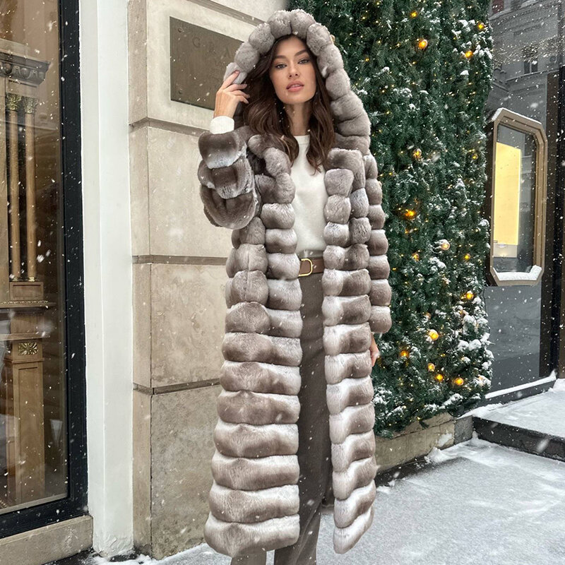 Jaqueta de pele real com capuz para mulheres, casacos com capuz feminino, casacos de chinchila coelho rex inverno