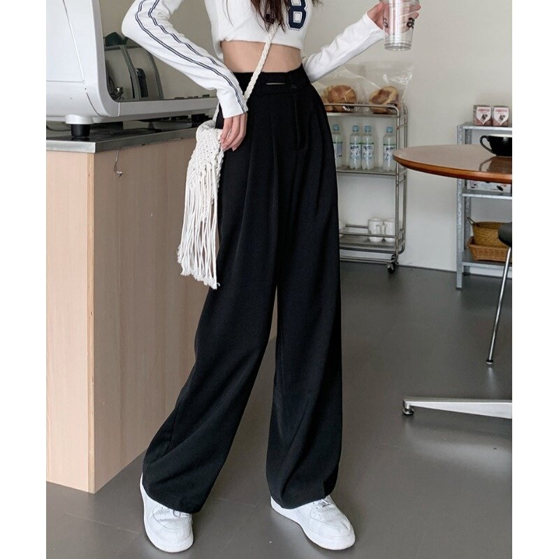 Черные коричневые повседневные женские брюки 2022 осень-зима прямые брюки с высокой талией и широкими штанинами