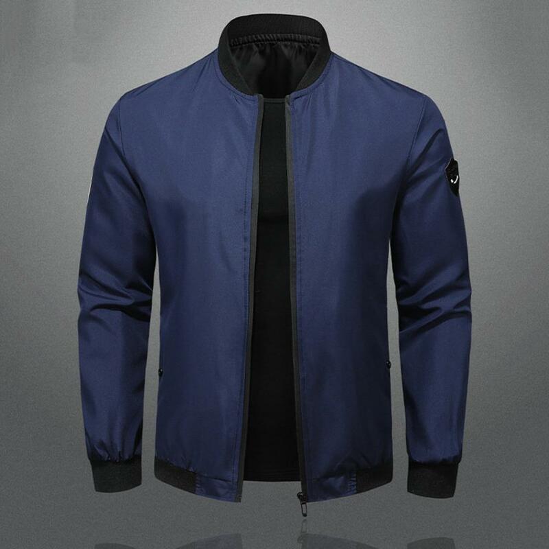 เสื้อโค้ทปกติเข้ารูปสำหรับผู้ชายเสื้อซิปแจ็คเก็ตคอตั้งสีทึบระบายอากาศได้ดีมีกระเป๋าสำหรับฤดูใบไม้ผลิ