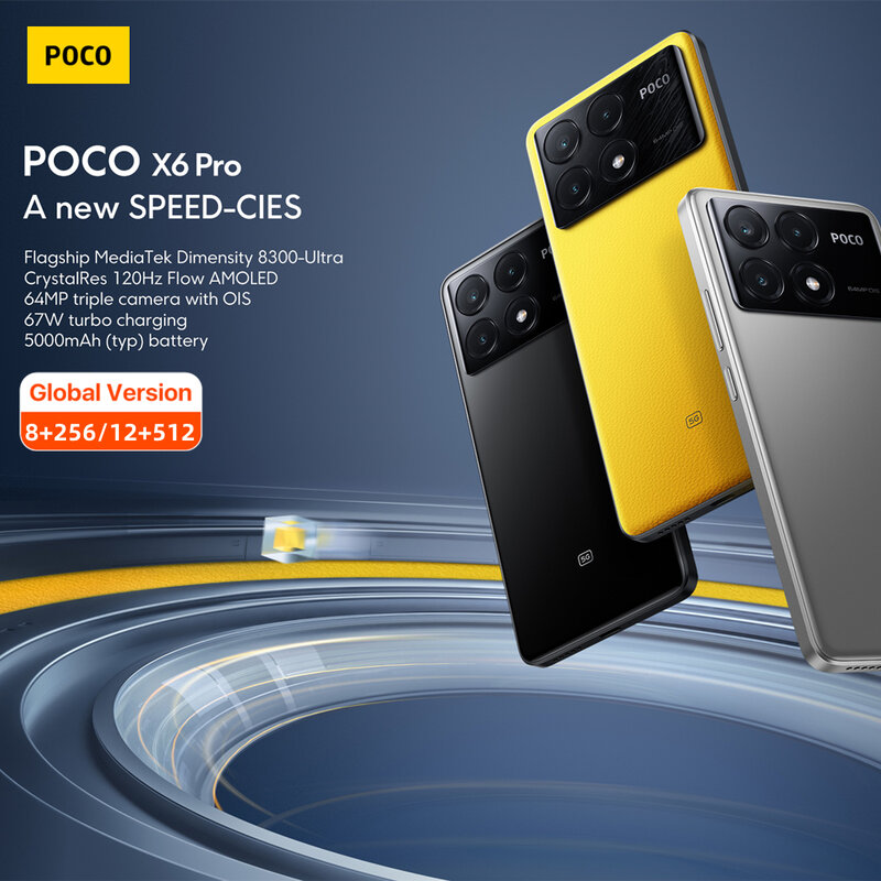 POCO-X6 Pro Câmera Tripla 5G, Versão Global, Dimensão MTK, 8300-Ultra, 6.67 ", Fluxo 1.5K, AMOLED, 64MP, OIS, Carregamento Turbo 67W, NFC