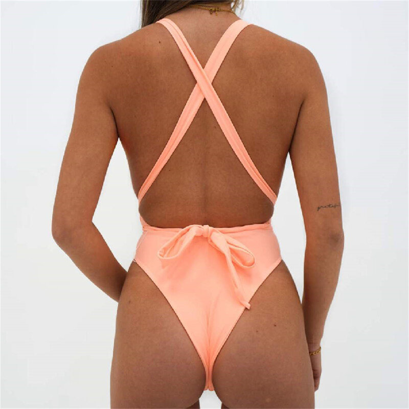 Orangepink setelan bikini baju renang wanita, Monokini mikro leher V dengan perban silang punggung terbuka, pakaian renang pantai tren