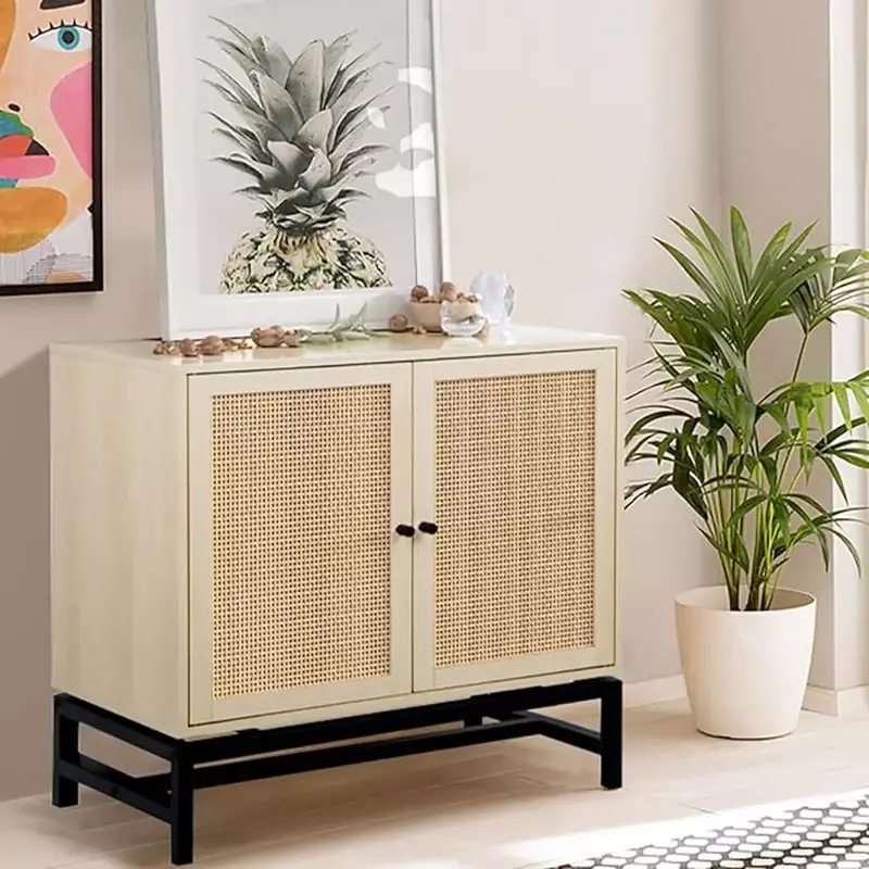 Rattan Kitchen Storage Cabinet with 2Doors,Cupboard Console Table with Adjustable Shelves,Accent Cabinet for Dining Room,Bedroom