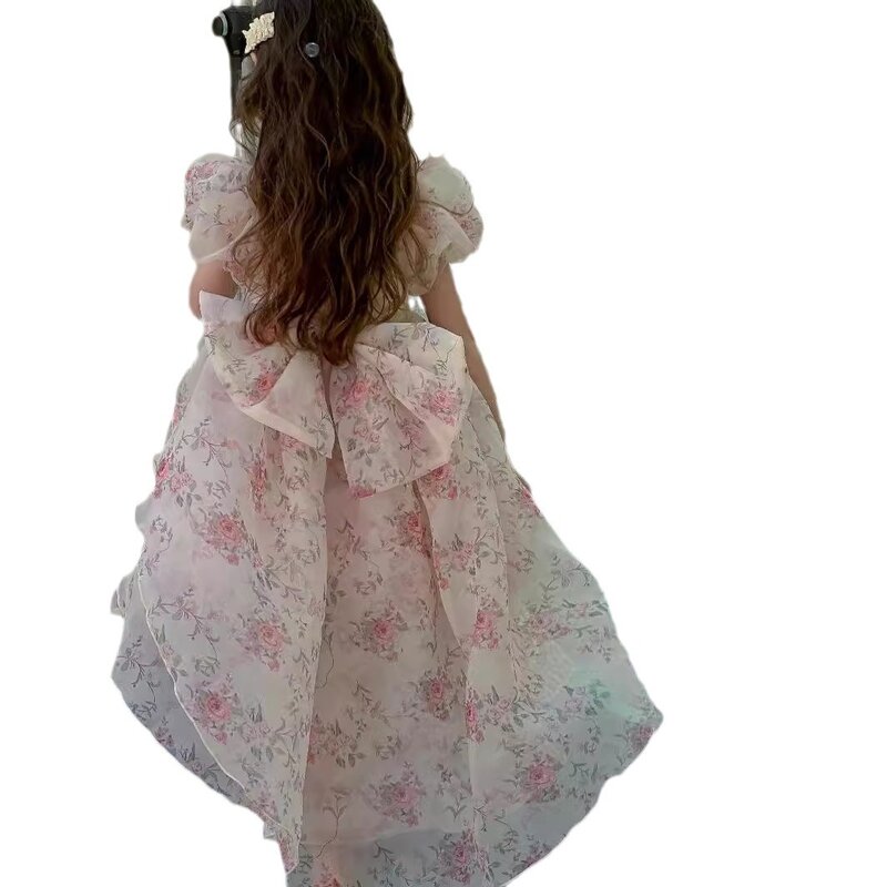 Children's Dress 2024 Summer Girl Princess Dress Big Girl Treasure Fragmented Flower Bow Tail Dress Birthday Party Clothing