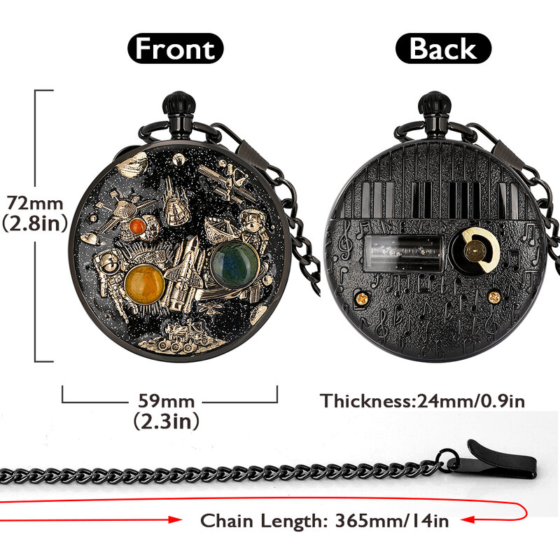 Reloj de bolsillo de música de la serie espacial para hombres y mujeres, reloj de cadena de cuarzo Original, collar de música, relojes únicos, regalos coleccionables para parejas
