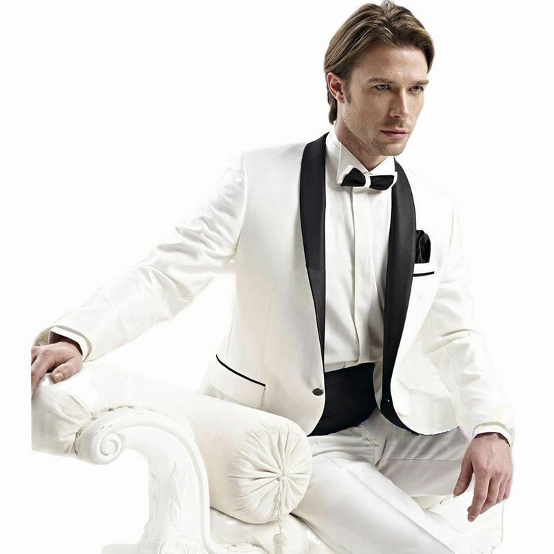 White 2 Pieces Groom Wedding Tuxedo 2023 Slim Fit Black Satin Lapel Groomsmen Formal Wedding Party Suits (Blazer+Pants)