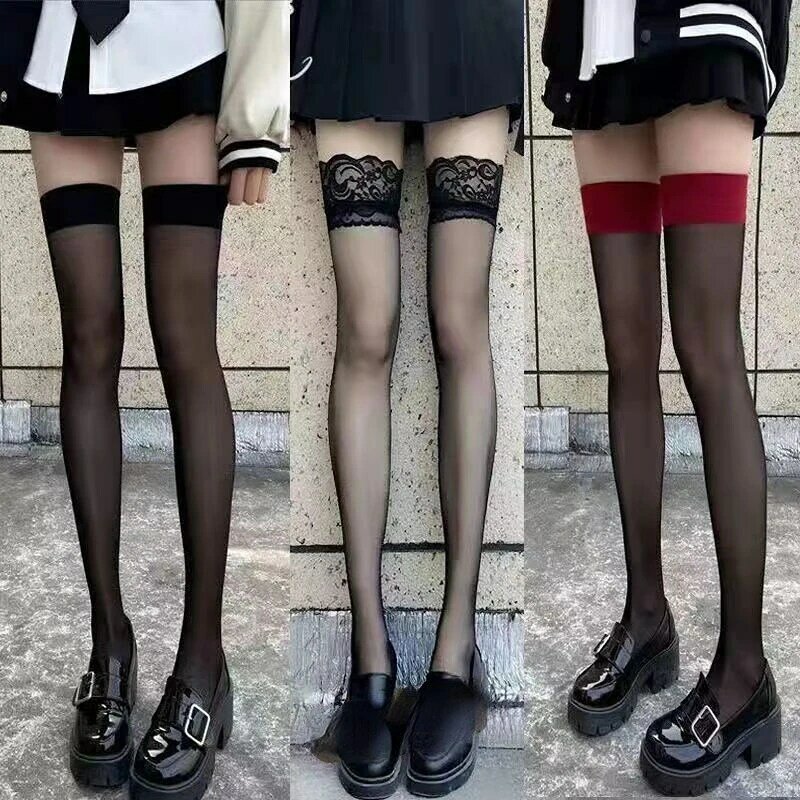 JK ชุดผู้หญิงเซ็กซี่ต้นขาสูงถุงน่อง Fishnet Lolita Gothic Punk โปร่งใสเข่าสีแดงขอบกว้างยาวถุงเท้า