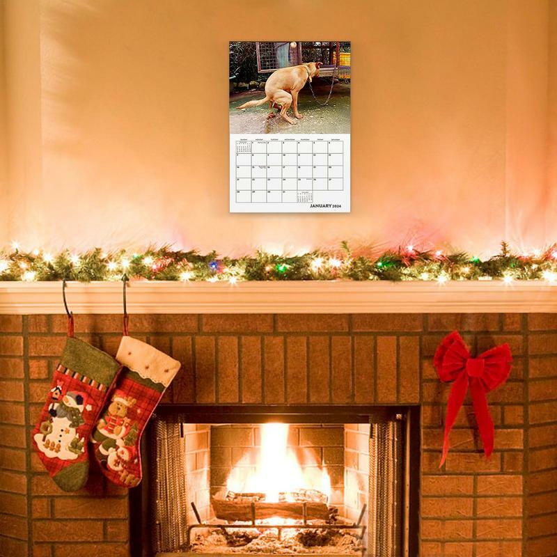 Calendário engraçado para cães balançando para parede, Cute Art Calendar, Filhotes de cocô mensal, Casa e Escola, 12 Meses, 2024