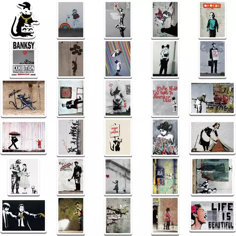 Banksyタッチフラワースローラーステッカー、クールストリートアート、ラゲッジ、ラップトップ、スケートボード、電話ステッカー、67個用グラフティステッカー
