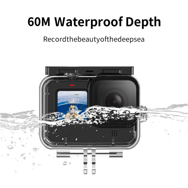 เลนส์กระจกนิรภัยใต้น้ำซองกันน้ำ60ม. ฝาครอบตัวเครื่องสำหรับ GoPro HERO 9 10 11 12สีดำ
