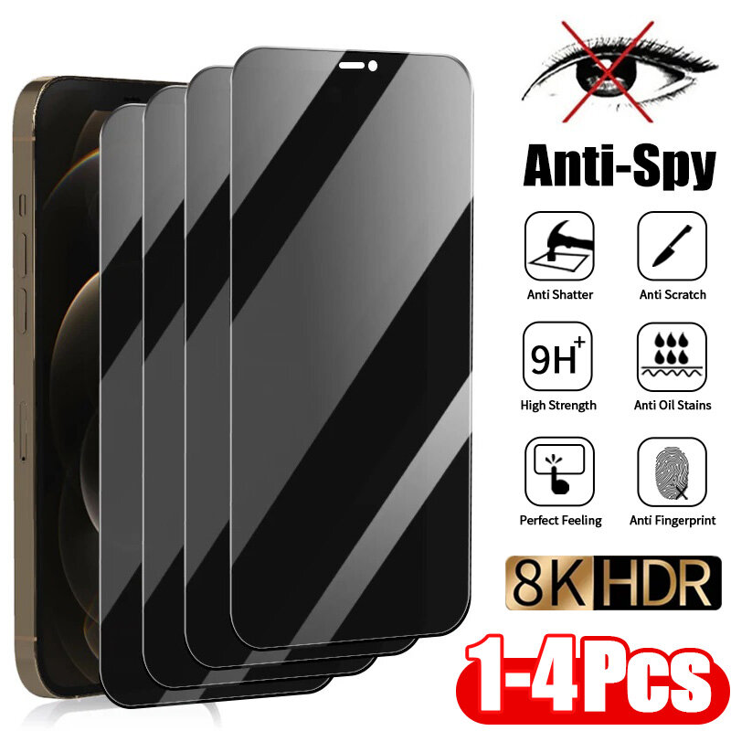 Protetor de Tela Anti-Espião para iPhone, Vidro de Privacidade para iPhone 15, 14, 13, 12, 11 Pro Max, Mini, X, XS Max, XR, 7, 8, 6 Plus, SE, 2020, 1-4 unidades