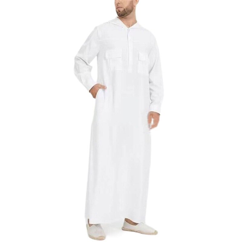 Jalabiya-Abaya à manches longues pour hommes, vêtements musulmans Eid, chemise à capuche, manches longues, longueur de rinçage, poche