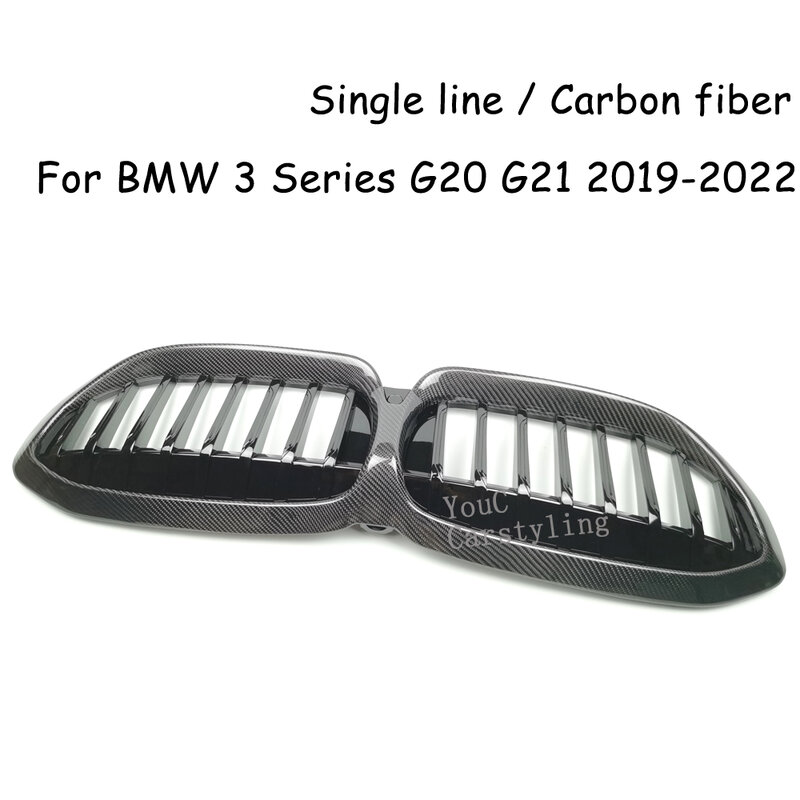 BMW 3 시리즈용 탄소 섬유 그릴, G20 G28 전면 글로스 블랙 그릴, 교체용 키드니 그릴 2019-2022