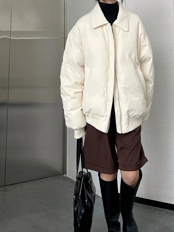 여성용 긴팔 다운 면 패딩 코트, 두꺼운 면 의류 코트, 루즈한 야구 유니폼, 화이트, 겨울