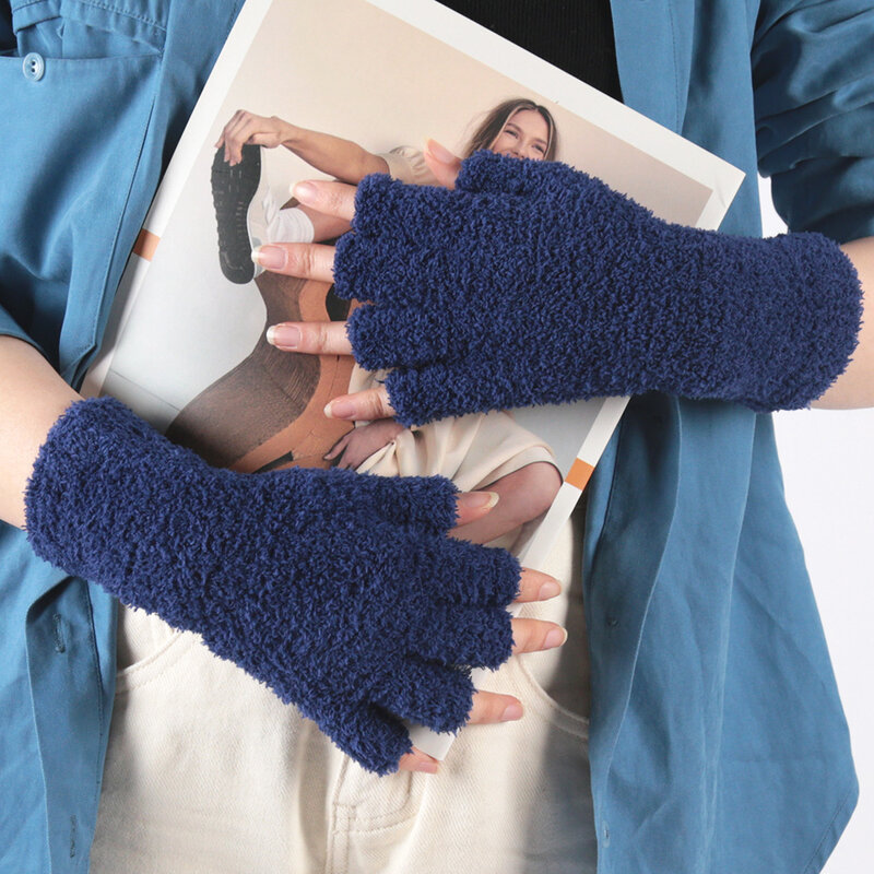 Women Winter Plush Gloves Soft Thicken Coral Fleece Long Arm Touch Screen Fingerless Glove Warm Half Finger Writing Mittens