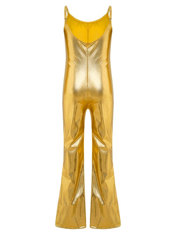 Macacão metálico feminino com alças de espaguete ajustáveis, sem mangas, bodysuit com fundo de sino, traje de dança jazz, macacão brilhante infantil