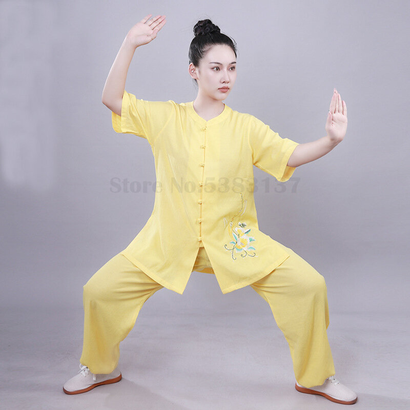 Letnie ubrania Tai Chi z krótkim rękawem tradycyjne chińskie stroje z okrągłym dekoltem Wushu Kungfu damskie duży rozmiar 3XL kostium sztuk walki