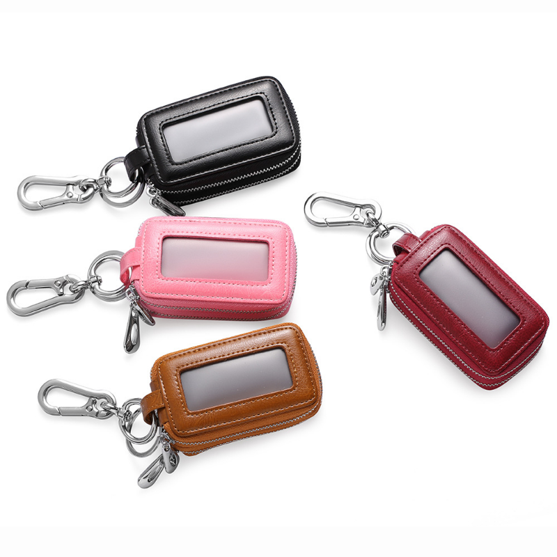 Genuine Cow Leather Home Car Keys' Bag Double Pocket Zipper Mini Wallet Earth Yellow Men Women's Key Holder Transparent Pocket