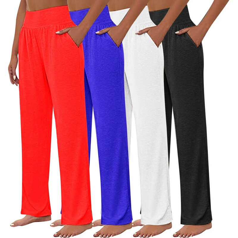 Celana olahraga Yoga kaki lebar wanita, celana olahraga kasual elastis pinggang tinggi warna polos ukuran besar bersaku nyaman longgar untuk wanita