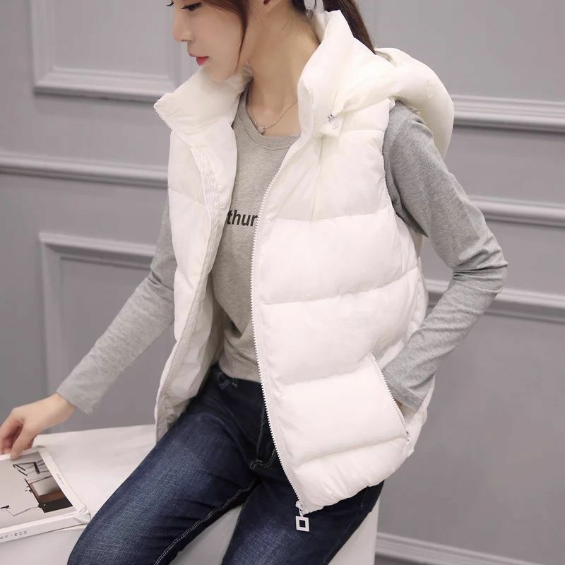 Parkas Women Vest Coats Korean Solid Hooded Zipper Short Coat Stand Collar Slim Fit Regular Warm Thick Sleeveless Winter