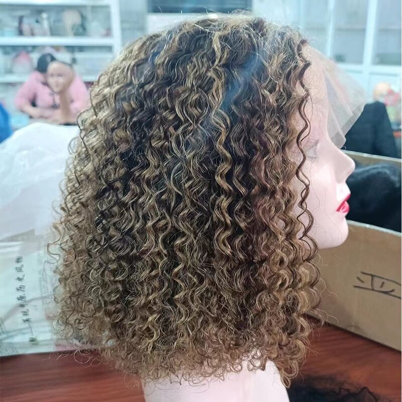 Short Curly Piano Color Hair Frontal Lace Wig Women's Front Lace African Small Curly Wig Set with Lace Headpiece Human Hair